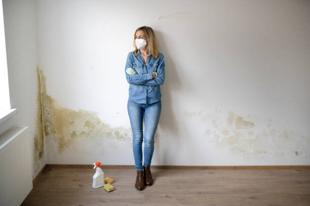 Женщина в защитной маске задумчиво стоит в комнате с видимой плесенью на стене, с бутылкой чистящего средства и